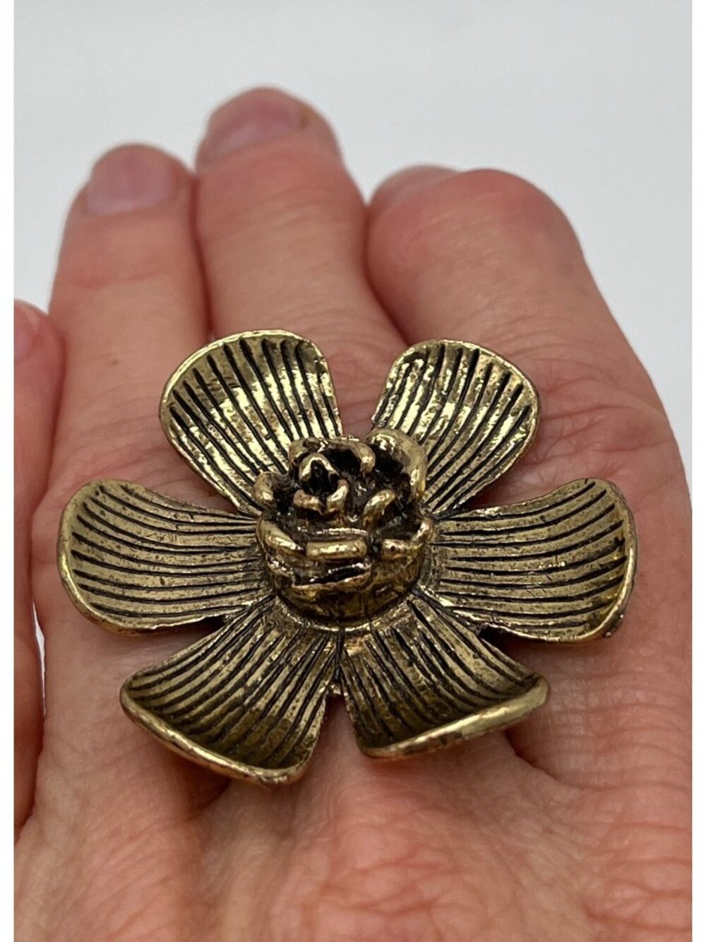 Vintage Modernist Bronze Tone Large Flower Ring Adjustable Statement Ring Sz 8